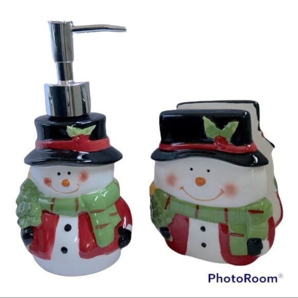 Snowman Ceramic Soap Lotion Pump Dispenser Glazed Hand Painted Christmas Festive - Picture 8 of 9